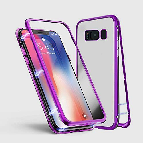 Kompatibel für Samsung Galaxy S9 Plus Hülle, Jonwelsy Metallrahmen Magnetische Adsorption Handyhülle mit eingebautem Magnetklappdeckel, Transparente Gehärtetes Glas Back Cover für S9+ (Lila)