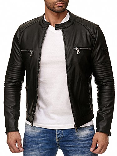 Reslad Kunstlederjacke Herren-Jacke Leder-Jacke Gesteppte Ärmel Übergangs-Jacke Männer Biker-Jacke RS-9015 Schwarz L