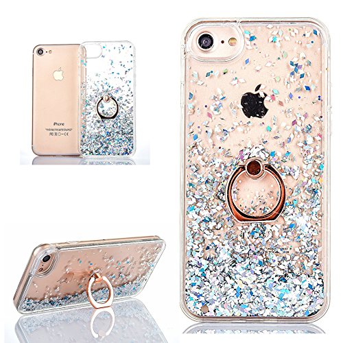 Hancda Flüssig Handyhülle für iPhone 8 / iPhone 7, Schutzhülle Case Glitzer Flüssig Hülle Durchsichtig Transparent Hart Silikon Cover mit Ring Ständer Fingerhalterung für iPhone 8/iPhone 7-Silber