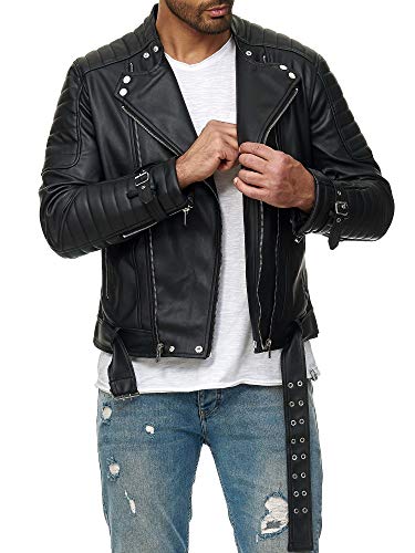 Red Bridge Herren Jacke Bikerjacke Kunst- Lederjacke Classic Biker Vintage Cut mit Gürtel M6072 Schwarz S