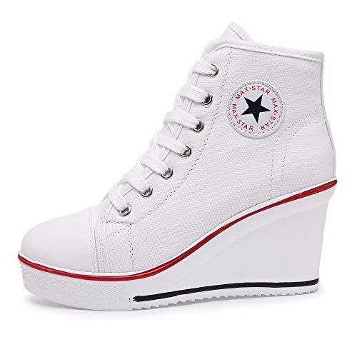 Qimaoo Damen Keilabsatz Schuhe Mädchen Canvas Sneaker Schuhe für Sport Freizeit Schwarz Pink Rot Weiß, Weiß-canvas, 38.5 EU