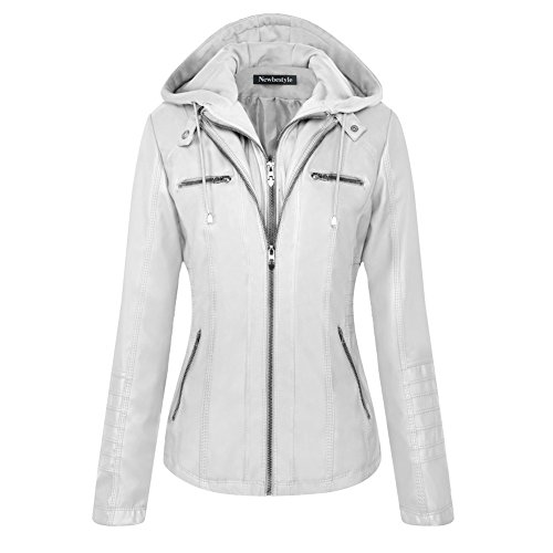 Newbestyle Kapuzen Kunstleder Damen Jacke mit Reißverschluss Motorradjacke Bikerjacke Kapuzenjacke Übergangsjacke Ladies Oberbekleidung (Normale EU-Größe)