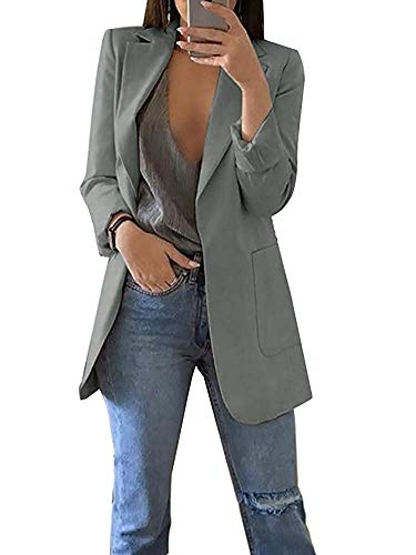 Minetom Damen Elegant Langarm Blazer Sakko Einfarbig Slim Fit Revers Geschäft Büro Jacke Kurz Mantel Anzüge Bolero mit Tasche A Grau DE 44