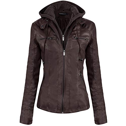 Newbestyle Jacke Damen Lederjacke Frauen mit Zip V Ausschnitt Kunstleder Bikerjacke Jacket Casual Übergangsjacke (Normale EU-Größe) (Dunklebraun, L/42)