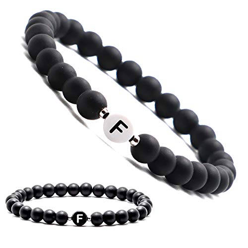 Personalisierte Namensarmbänder | Partnerarmbänder mit Onyx Perlen | Perlenarmband | Individueller Schmuck für Männer und Frauen | Buchstabe F