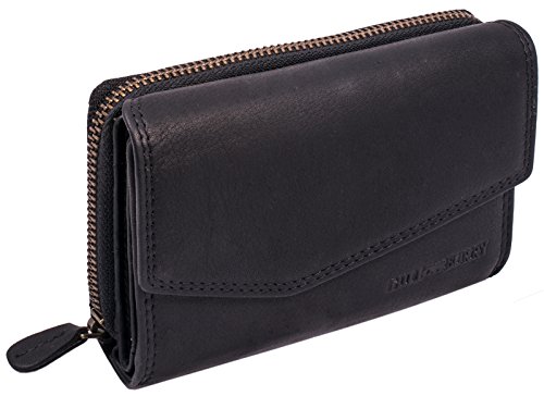 Hill Burry Damen Geldbörse | Kompakt & XXL – viel Platz – Used Look – echt Leder Portemonnaie (Schwarz)