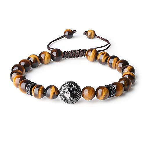 COAI Geschenkideen Edelsteinarmband aus Tigerauge und Legiertes Löwe Zubehör Glücksarmband für Damen und Herren