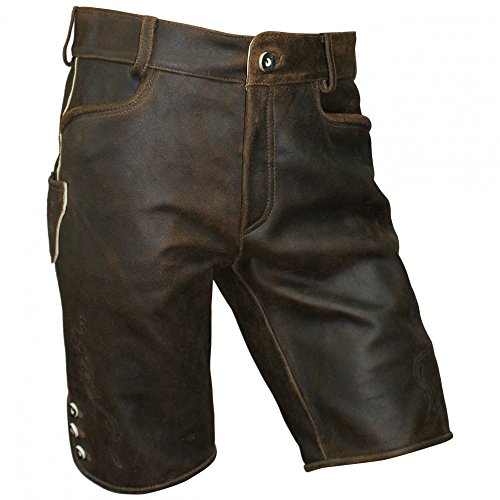 Lederhose kurz braun speckig Antik-Patina Trachten Leder Hose Trachtenlederhose Reißverschluß Zipp Hornknöpfe weiches Wildbockleder Herren (auch Damen) Freizeit und Wandern, Größe:66