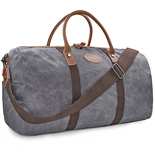 NEWHEY Vintage Reisetasche Leder Wasserdicht Canvas Unisex Handgepäck Weekender Tasche Stoff Duffle Bag Groß Wochenend Tasche Herren Damen Grau