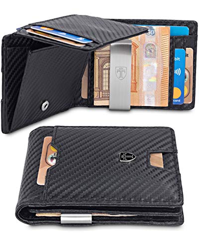 TRAVANDO Geldbörse mit Geldklammer Geldbeutel Männer Helsinki Slim Portemonnaie Wallet Portmonaise Herren Geldtasche klein Portmonee RFID Kreditkartenetui Brieftasche Kartenetui Geldclip Carbon Etui