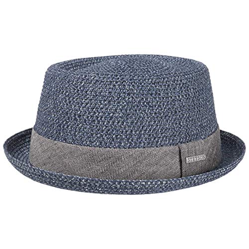 Stetson Strohhut Pork Pie Robstown Toyo – Sonnenhut Damen/Herren – Strandhut – Hut aus Toyo-Stroh mit Sonnenschutz 40 – Fedora Frühjahr/Sommer – Sonnenhut blau XL (60-61 cm)