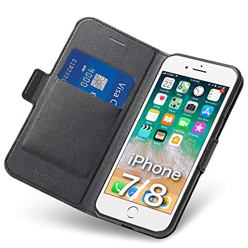 Hülle iPhone 7, iPhone 8 Schutzhülle mit Kartenfach und Ständer, iPhone 7 Tasche Leder, Phone 8 Handyhülle, Etui Folio, Flip Cover Case, PU TPU Klapphülle, Komplettschutz Apple 7/8 4.7 Zoll. Schwarz