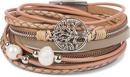 styleBREAKER Wickelarmband mit Perlen, Ketten, Flechtelement und Lebensbaum Anhänger, Magnetverschluss, Armband, Damen 05040070 , Farbe:Beige-Altrose