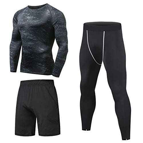 Niksa Sportbekleidung Herren Fitness Bekleidung Trainingsanzug 3pcs Set Fit elastische Sportwear Fitness Kompressionsshirt Langarmshirt Sporthose Leggings (Größe M Bust =90, Long Sleeve(163512)*D)