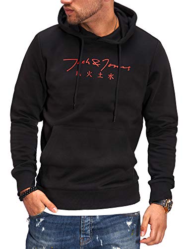 JACK & JONES Herren Hoodie Kapuzenpullover mit Print Sweatshirt Hoody Pullover (L, Black/Tango Red)