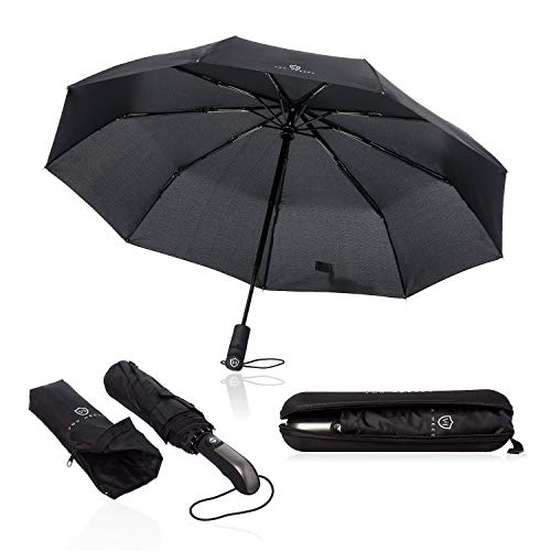 VON HEESEN Regenschirm sturmfest bis 140 km/h – inkl. Schirm-Tasche & Reise-Etui – Taschenschirm mit Auf-Zu-Automatik, klein, leicht & kompakt, Teflon-Beschichtung, windsicher, stabil (Schwarz)