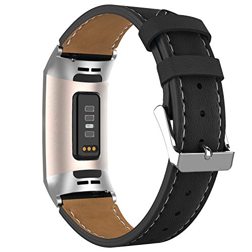 Adepoy für Fitbit Charge 3 Armband Leder, Echtes Klassisches Einstellbares Lederarmband Kompatibel mit Fitbit Charge 3 und Charge 3 Sonderedition (Schwarz)