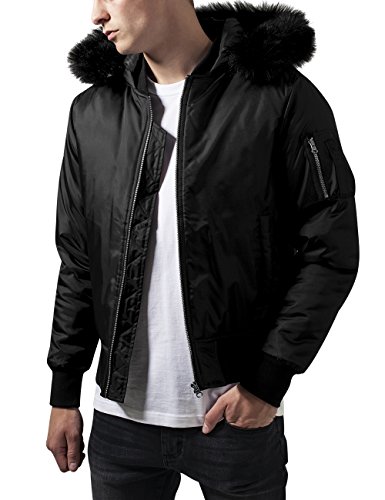 Urban Classics Bomber Herren – Fliegerjacke mit Kapuze und Fellkragen (abnehmbar), Schwarz (black 7), Gr. Medium