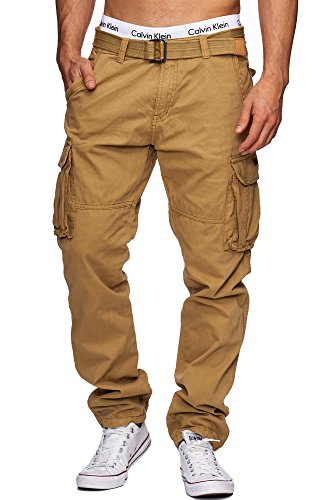 Indicode Herren William Cargohose aus Baumwolle m. 7 Taschen inkl. Gürtel | Lange Regular Fit Cargo Hose Baumwollhose Freizeithose Wanderhose Trekkinghose Outdoorhose für Männer in Amber L