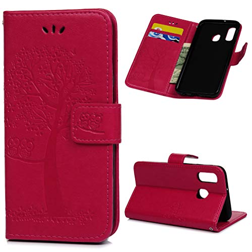 Archi A40 Hülle Eule Case Kompatibel mit Samsung Galaxy A40 HandyHülle Leder Flipcase Schutzhülle Brieftasche Flipcover Tasche Ständer Magnetverschlusss Kartenfach Handytasche Rose rot