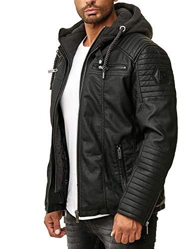 Red Bridge Herren Kunst- Lederjacke Kunstleder Bikerjacke mit Sweat- Kapuze 2in1, Schwarz – Kunstleder, XXL