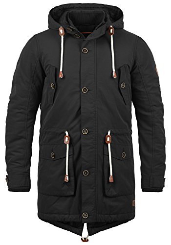 Blend Caesar Herren Winter Jacke Parka Mantel Lange Winterjacke gefüttert mit Stehkragen und Kapuze, Größe:L, Farbe:Black (70155)