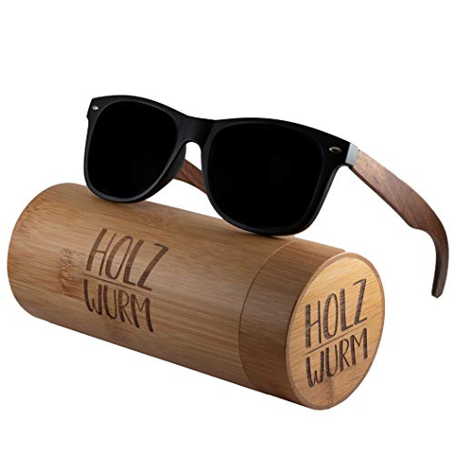 Holzwurm Sonnenbrille mit Holzbügeln aus Walnuss für Damen & Herren/Polarisierende Brillengläser mit UV400-Schutz/mit Brillenetui, Schwarz / Walnuss, schwarz
