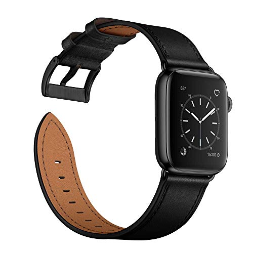 Arktis Lederarmband kompatibel mit Apple Watch (Series 1, Series 2, Series 3 mit 42 mm) (Series 4, Series 5 mit 44 mm) Wechselarmband [Echtleder] inkl. Adapter – Schwarz