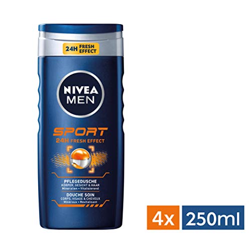 NIVEA Men 4er Pack Duschgel für Körper, Gesicht & Haar, 4 x 250 ml Flasche, Sport