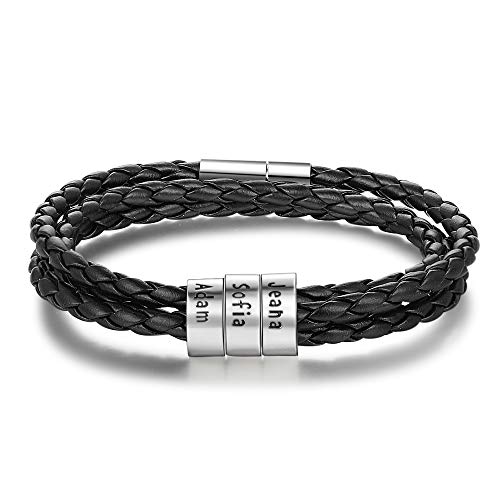 DaMei Personalisierter Armbänder für Männer Damen mit Gravur Silber Anhänger Lederarmband mit Namen Gravur für Männer Frauen Echtlederarmband Schmuck für Herren – Kautschuk Kette