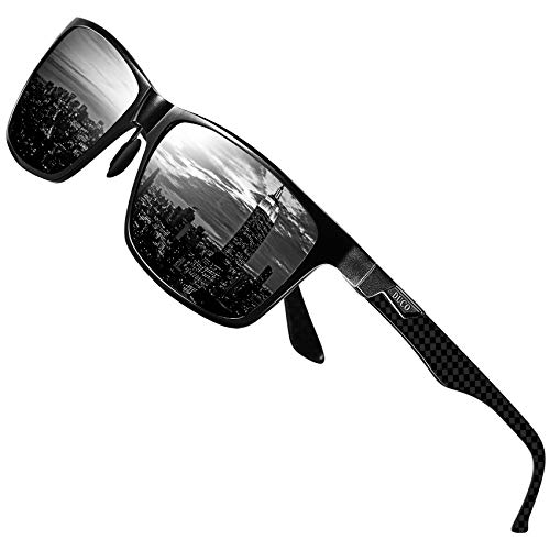 Duco Herren Polarisierte Sonnenbrille mit Rechteckig Metallrahmen und Kohlefaser Brillenbügel UV400 CAT 3 CE 8206 (Schwarz Rahmen Grau Linse)
