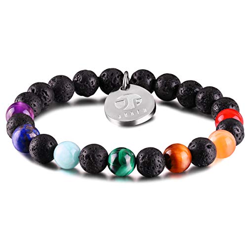 JOXFA Naturstein Perlen 7 Chakra Armband Männer Frauen 8mm Edelstein Lavastein Aromaarmband Aromatherapie Ätherisches Öl Diffusor Armbänder Yoga Armband für Damen und Herren