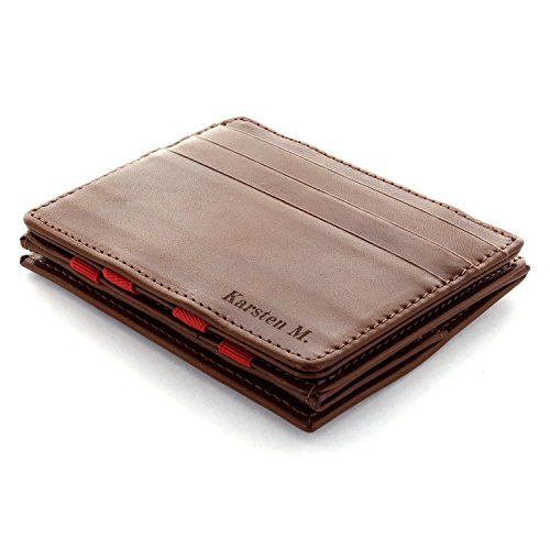 JAIMIE JACOBS Flap Boy mit Gravur – Das Original – Magischer Geldbeutel mit Münzfach RFID-Schutz Geschenk Herren echtes Leder (Dunkelbraun mit Rot)