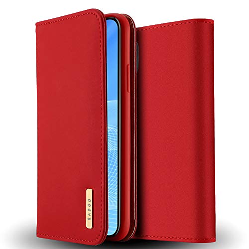 Radoo iPhone XR Echt Ledertasche/Hülle, Premium Echtes Leder Klapphülle Slim Lederhülle mit Standfunktion TPU Innenraum Case Schlanke Ledertasche Handyhülle für Apple iPhone XR 6.1 Zoll (Rot)