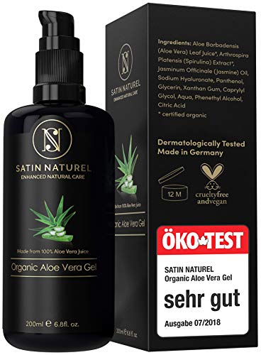 Aloe Vera Gel BIO 100% – ÖKO Test SEHR GUT – Vegan mit Hyaluronsäure, Bio Spirulina, Jasmin & Panthenol – Als After Sun & Ersatz für Gesichtscreme Damen – Satin Naturel Naturkosmetik Made in Germany