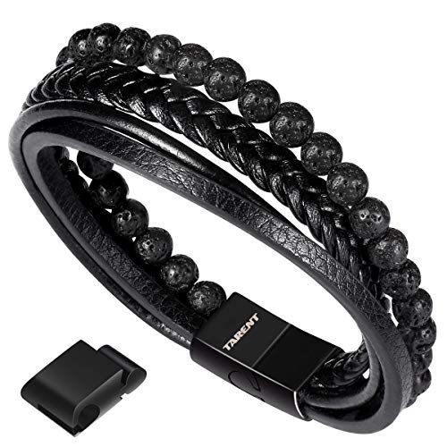 Armband Männer mit Natürlichem Vulkanstein und Echtes Leder,Echt Lederarmband für Männer, Armband Herren mit Exquisite Schmuckschatulle 21~22,5cm (Schwarz)