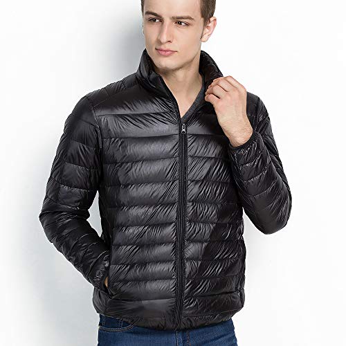 Vegena Herren Daunenjacken,Ultraleicht Sport Jacke,Stehkragen Jacke mit kleine Aufbewahrungstasche Schwarz L