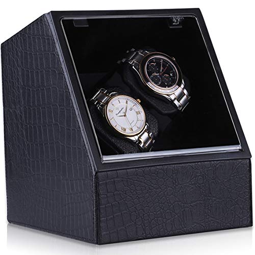 CRITIRON Uhrenbeweger für 2 Uhren aus PU Leder Watch Winder mit Netzteil Teilen Batterie Uhrenbox mit Leiser Motor Schwarz