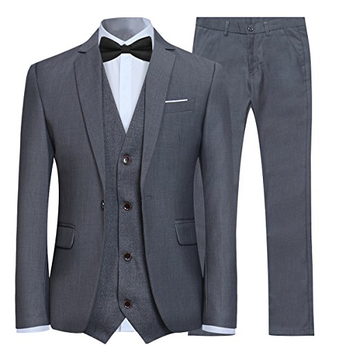 Anzug Herren Slim Fit 3 Teilig Anzüge Modern Herrenanzug 3-Teilig Sakko Hose Weste für Business Hochzeit Grau Medium