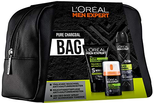 L'Oréal Men Expert Pure Charcoal Bag, Geschenkset, für Männer gratis Kulturtasche, Waschgel (100 ml), 24H Feuchtigkeitspflege (50 ml) und 48H Antitranspirant Deo (150 ml)