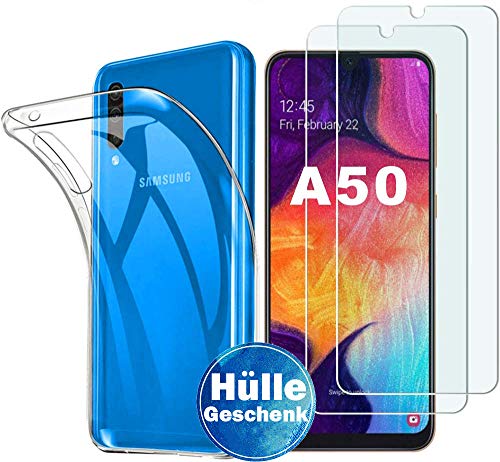 Samsung Galaxy A50 Panzerglas Hülle , [1 Handyhülle 2 Panzerglas] Schutzhülle [Ultra Dünn] Folie Glas 9H Panzerglasfolie TPU Silikon Case Cover Tasche Schale Transparent Crystal für Samsung Galaxy A50