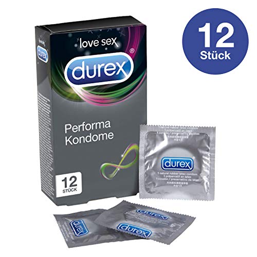 Durex Performa Kondome – Aktverlängernde Kondome mit 5% benzocainhaltigem Gel für länger andauerndes Sexvergnügen – 12er Pack (1 x 12 Stück)