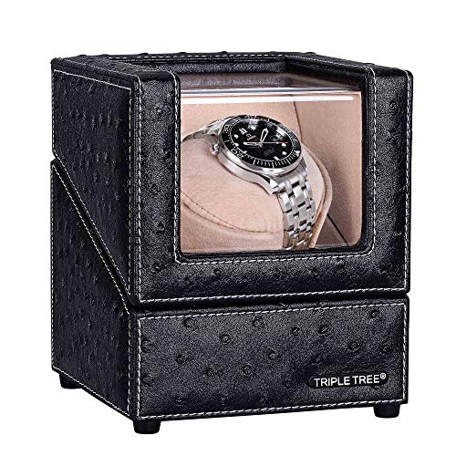 TRIPLE TREE Uhrenbeweger für eine Uhr, Winder passend für die meisten Automatikuhren, mit flexiblen Plüsch Kissen, in Holz Box mit schwarzem Leder