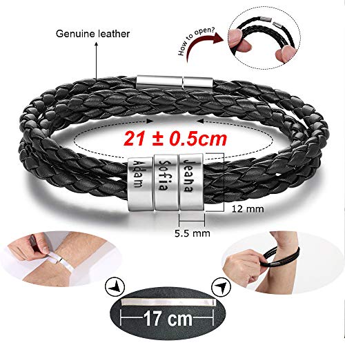 DaMei Personalisierter Armbänder für Männer Damen mit Gravur Silber Anhänger Lederarmband mit