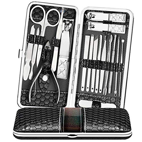 Pediküre Maniküre Nagelknipser Set, 18-Teiliges Nagelhautschieber Nagelfeilen Nagelscheren Nagelpflege Reise Beauty Kit, Nail-Clippers Nagelknipser mit Ledertasche – Edelstahl- Schwarz -Teamkio