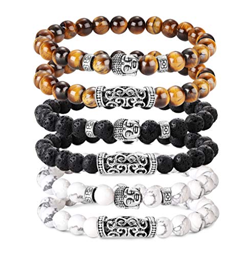 BE STEEL 6 STÜCKE 8 MM Beads Armbänder für Herren Männer Vulkangestein Gelb Tigerauge Armband Weiß Kiefer Buddha Kopf Armband Biker Goth Punk Elastische Armband Set