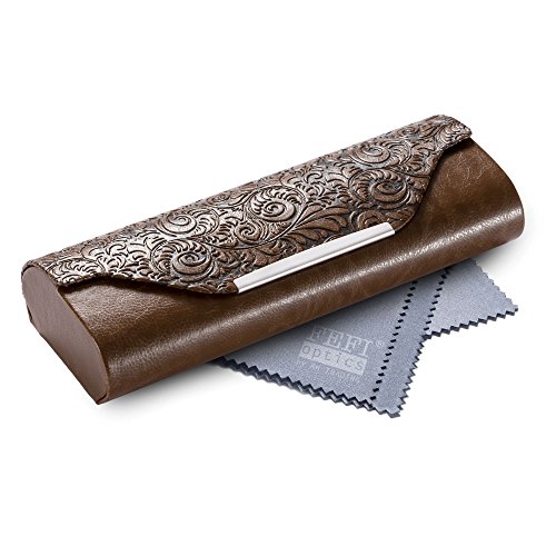FEFI Brillenetui in Relief-Leder-Optik mit Chrom-Applikation – Hardcase – inklusive hochwertigem Brillenputztuch/Mikrofasertuch (Braun)
