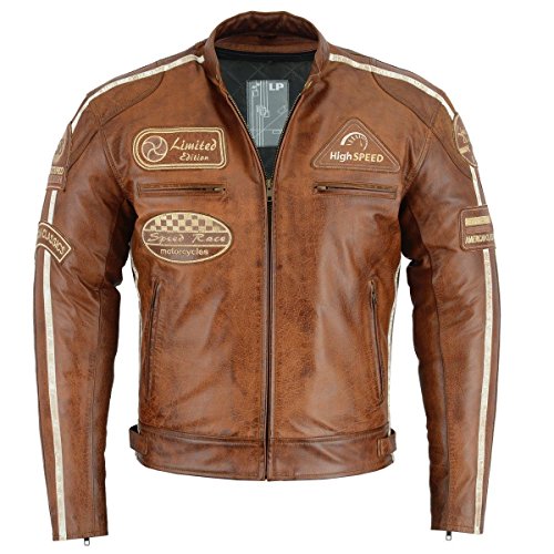 Herren Retro Biker Lederjacke Motorrad Jacke Race Streifen Rockerjacke Chopper L