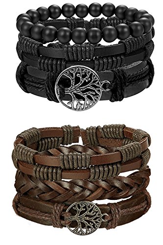 BE STEEL 6 STÜCKE Leder Armband Baum des Lebens für Herren Damen Geflochtenes Armbänder Wrap Holzperlen Charme Handgemacht, Einstellbar