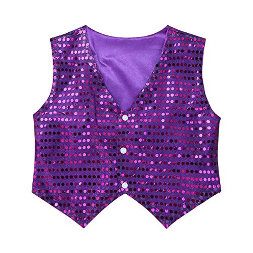 MSemis Unisex Kinder Jungen Mädchen Pailletten Weste Anzug Westen Glitzer Jazz Tanzbekleidung Performance Jacke mit Blingbling Effekt Gr. 122-164 Lila 152-158/12-13 Jahre